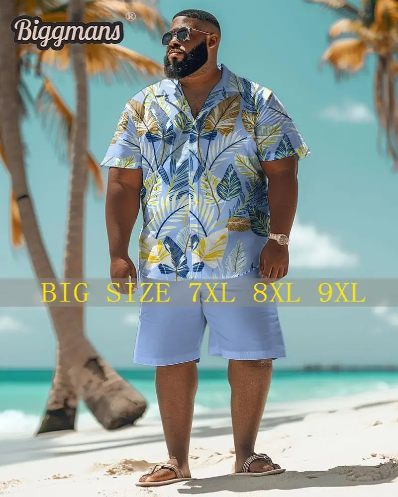 

Biggmans Shirt Plus Size Set L-9Xl for Summer Beach Clothing Oversize Hawaii Suit Men's Tropical Leaf Print Large 7XL 8XL