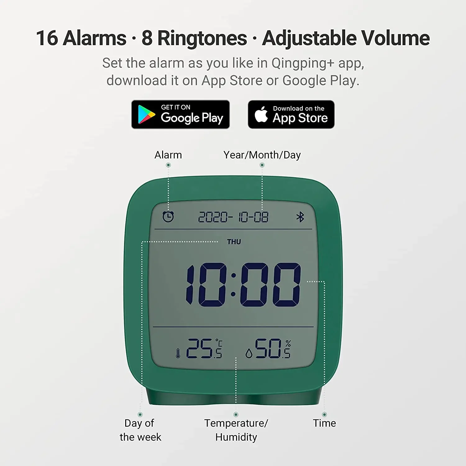 Qingping Cleargrass reloj despertador Bluetooth, Control inteligente de temperatura, humedad, pantalla LCD, luz nocturna ajustable