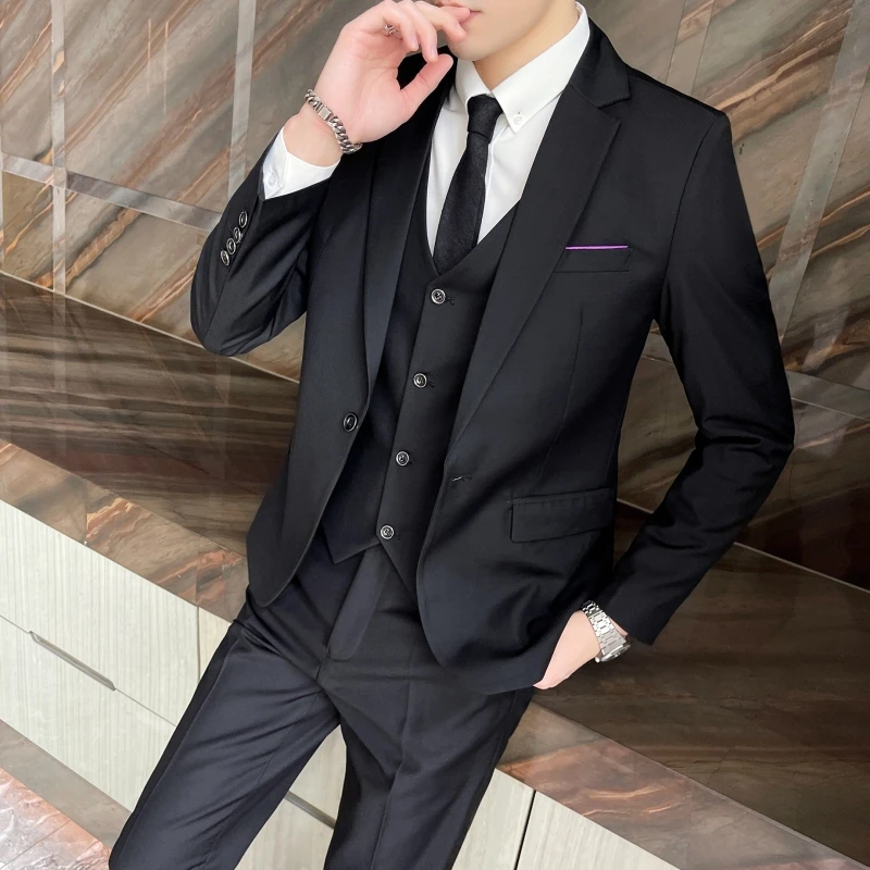 Four seasons classic solid color (suit + vest + trousers) wedding suit Fashion business handsome casual three-piece set