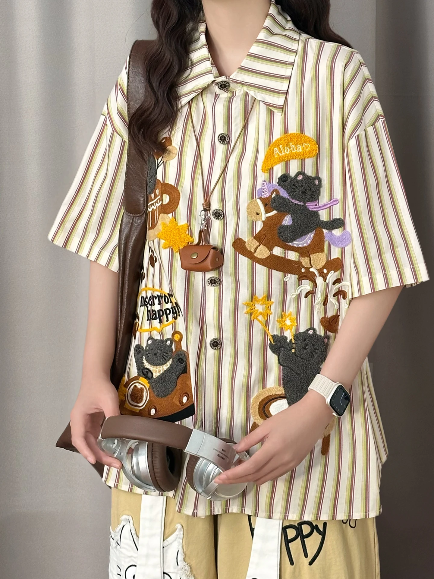 

Original American Retro Cartoon Embroidery Striped Short Sleeve Loose Women's Shirt Summer Slimming Top Breathable Cotton...
