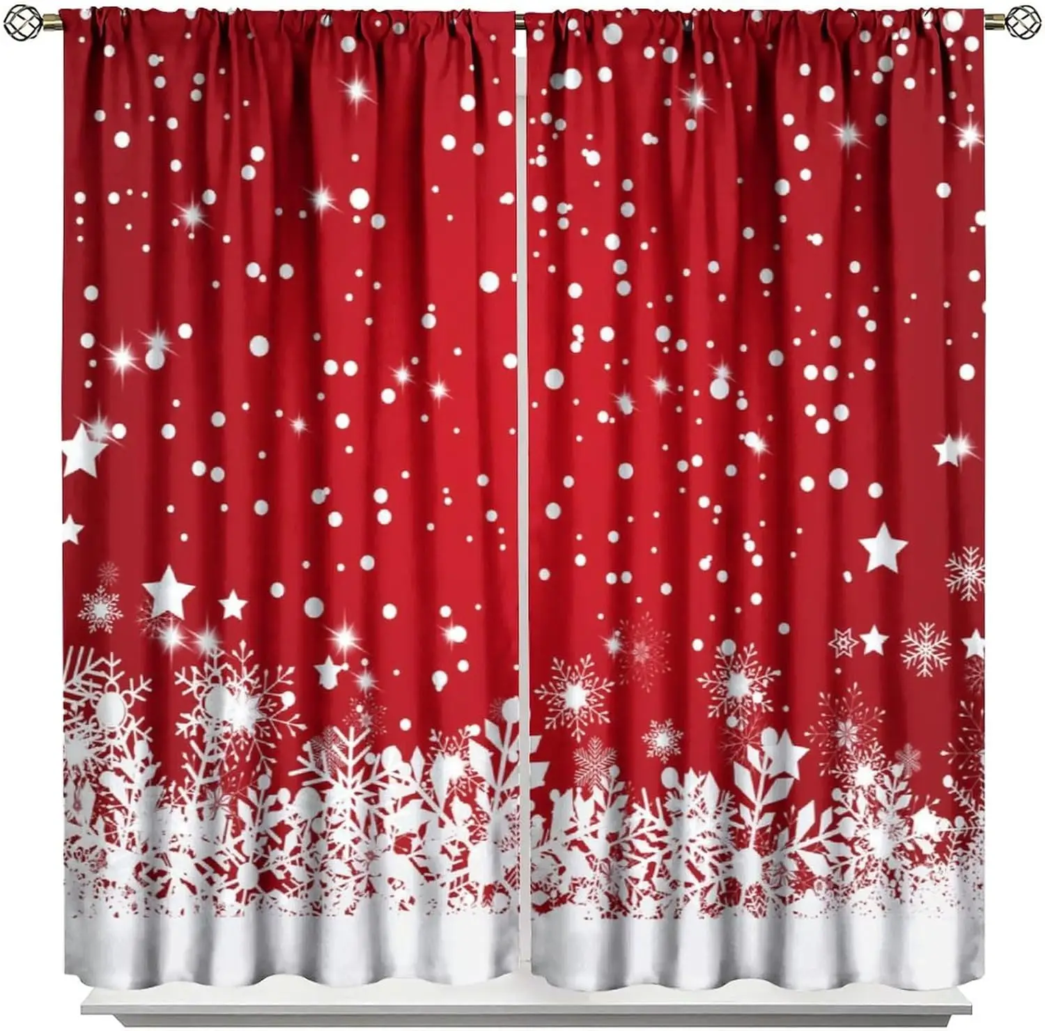 Christmas Curtains with Merry Christmas Print, Red Floral Snowflakes Design, Rod Pocket Blackout Drapes for Living Room