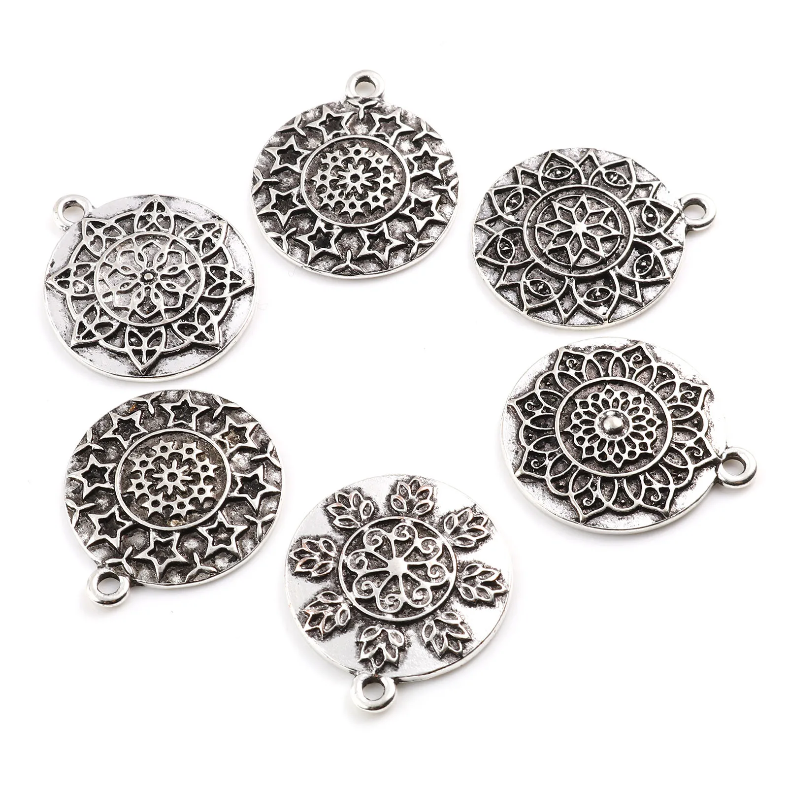 Vintage Metal Charms Round Antique Silver Color Flower Hollow Pendants DIY Making Necklace Bracelets Women Jewelry Gifts,10PCs