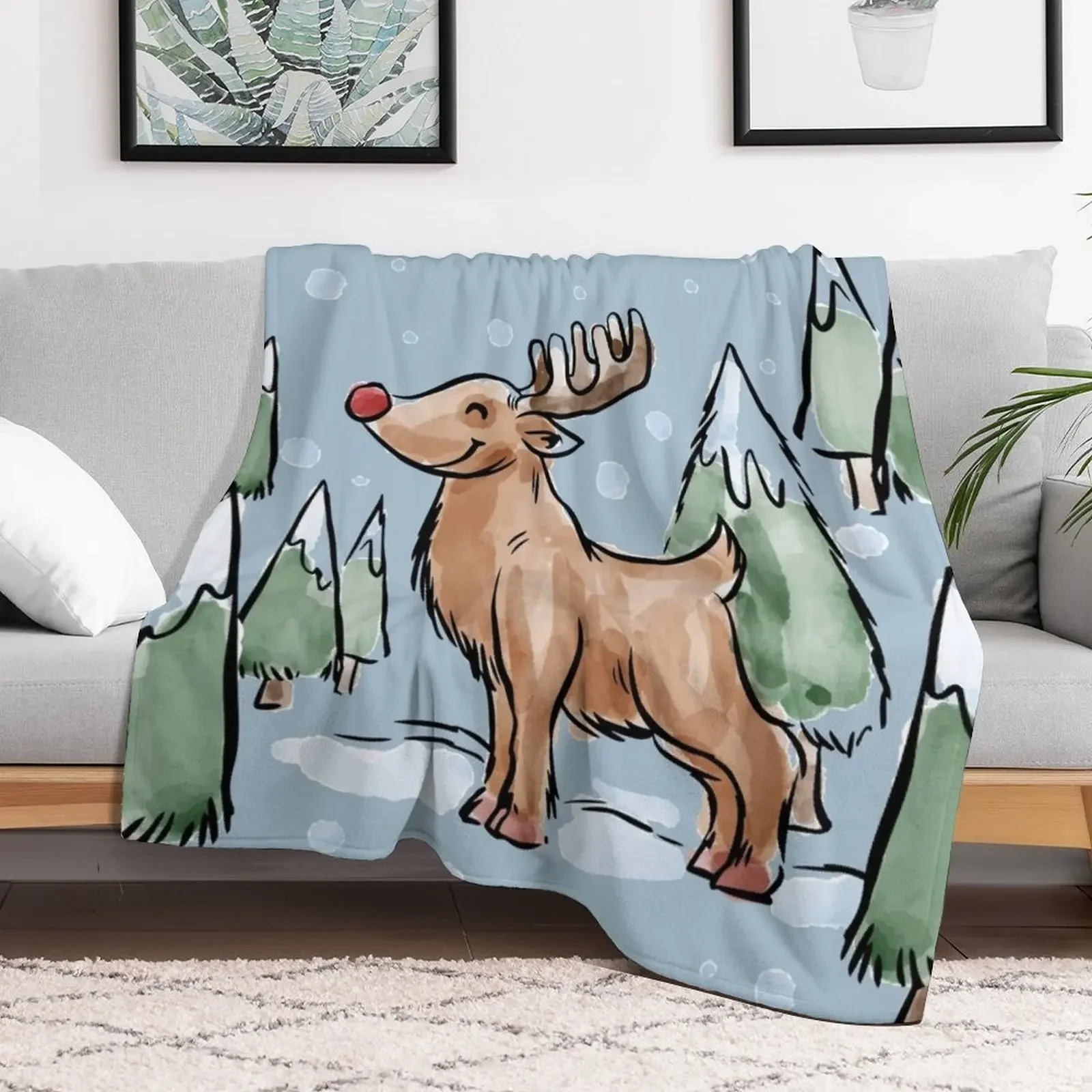 Watercolor Painting of Red Nose Reindeer in Christmas Snow Throw Blanket bed plaid Tourist Luxury Camping Blankets