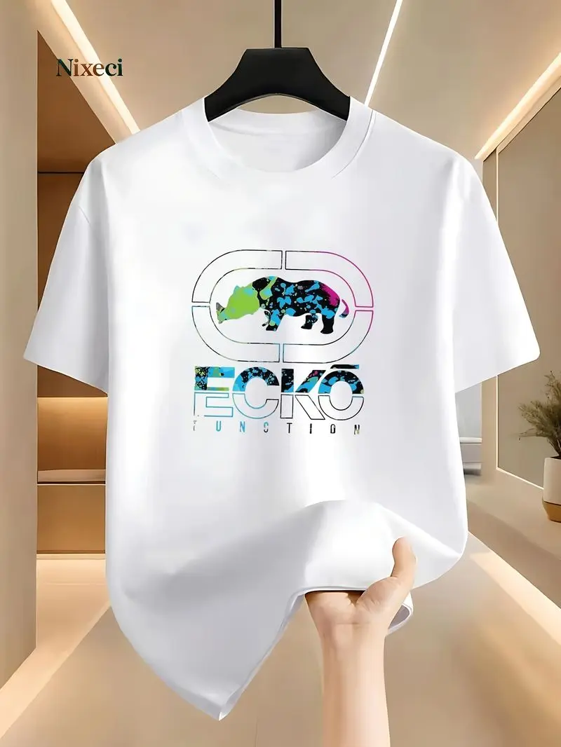 Men's Rhino Print T-Shirt With Ecko Function Logo Casual Streetwear Short Sleeve Round Neck Machine Washable Suitable For Daily