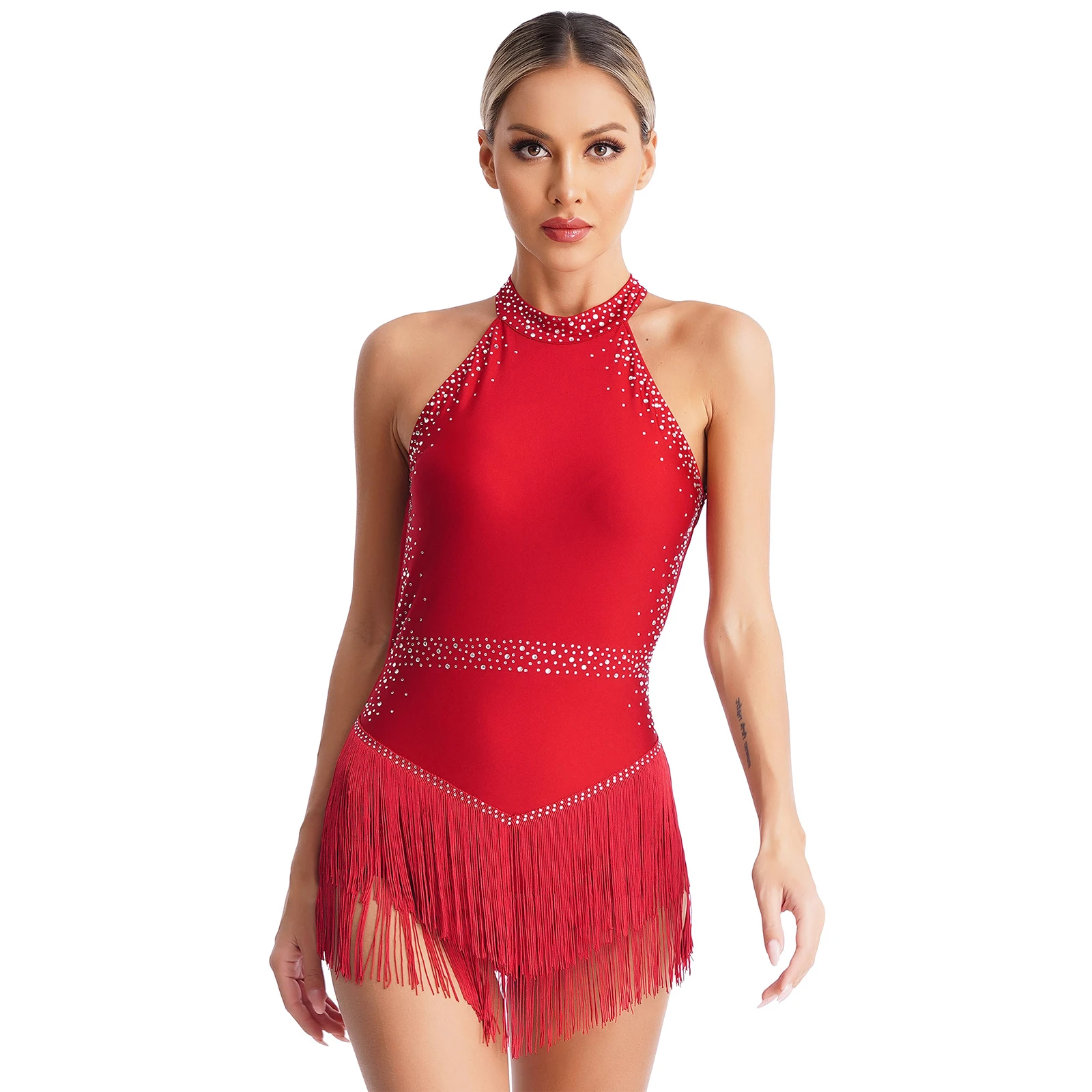 Women Tassel Fringe Latin Dance Leotard Dresses Rhinestone Dancing Competition Cha-cha Ballroom Dance Costume Cocktail Dress