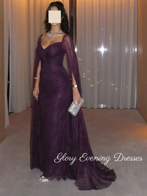 

Purple Lace Prom Dresses Floor Length Gorgeous Strapless Evening Dress Long Sleeve Saudi Arabia Formal Party Dresses Customized