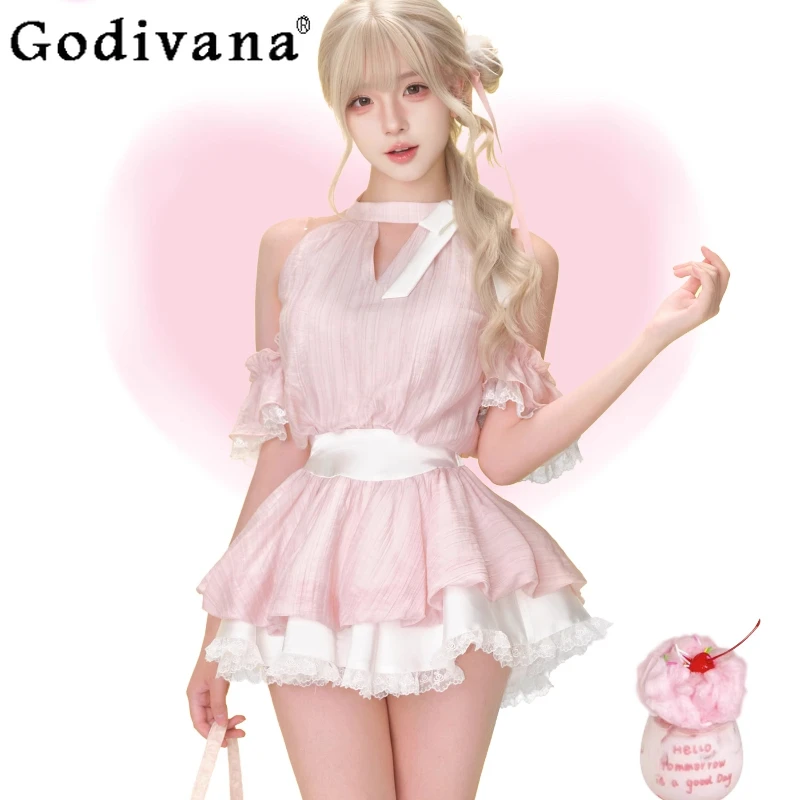 

Летнее женское розовое платье с рукавами и высокой талией, милое милое короткое платье, женское платье Лолиты и комплект белых брюк с пузырьками