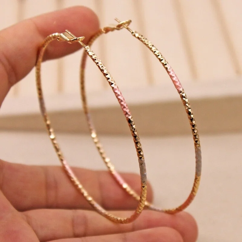 Gold Color - Dia. 2.7\'\' Huge Circle 3-Color Plated Swirl Hoop Earrings
