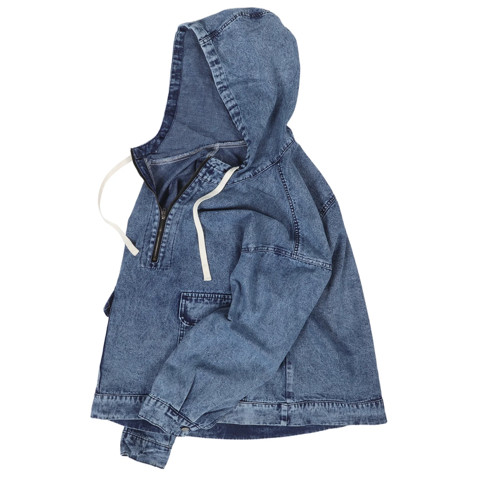 

Oversized Denim Hooded Jacket Women: Blue Distressed Loose Fit Half Zip Long Sleeve Casual Coat Street Style Spring Autumn
