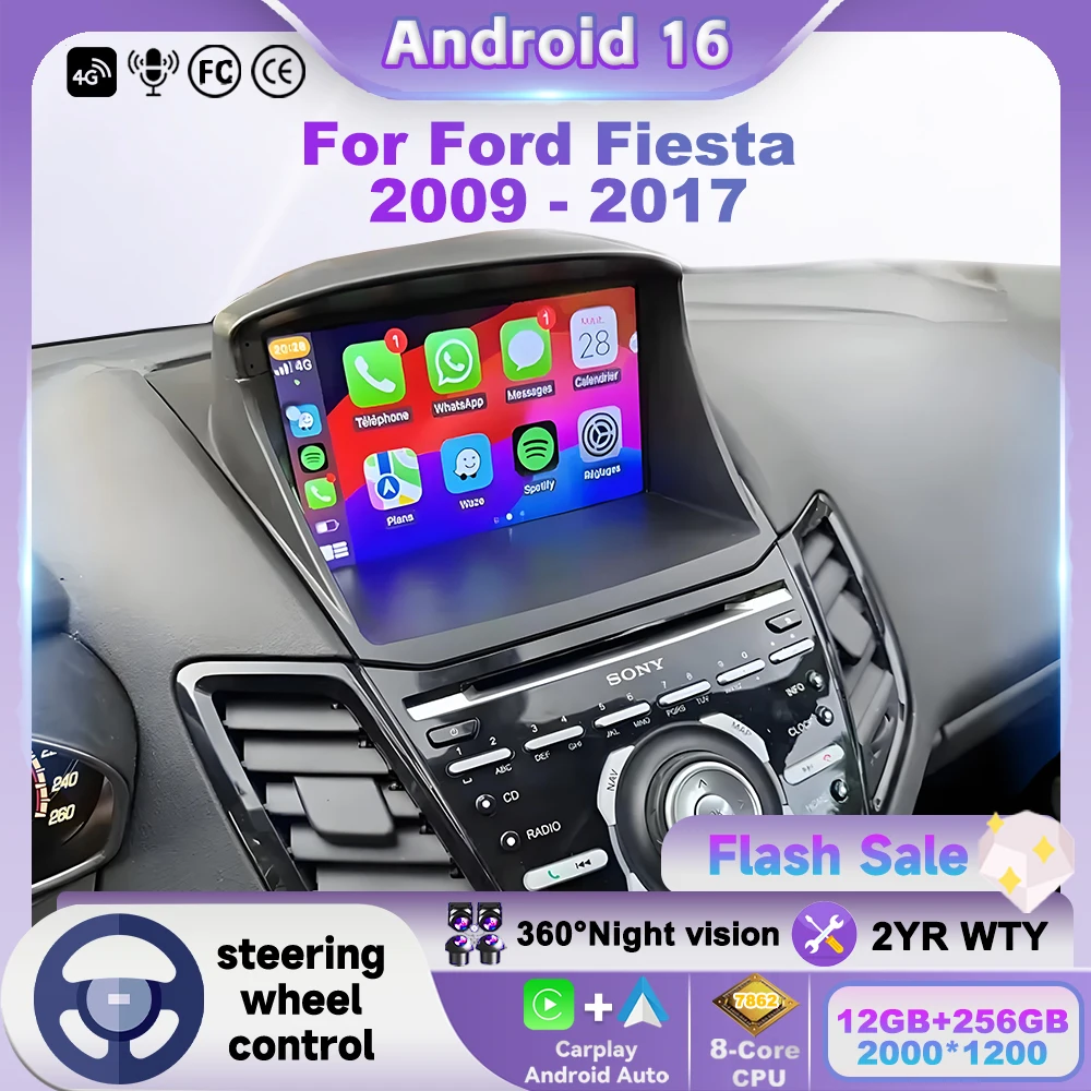 Radio para Auto con Carplay Android 16 para Ford Fiesta Mk 6/MK 7 2008-2019 Reproductor Multimedia de Video Autoestéreo Navegación GPS Pantalla Táctil 1