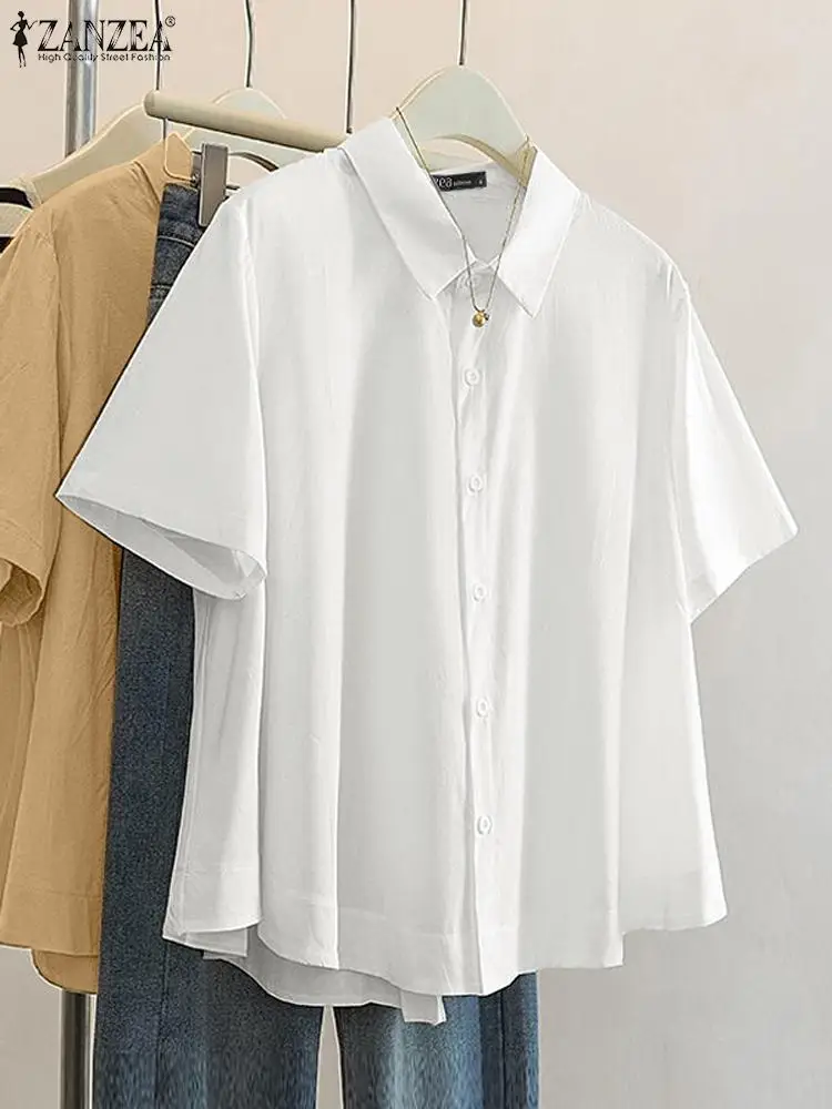 

ZANZEA Casual Loose Lapel Collar Tunics Women Solid Shirts Korean Fashion OL Short Sleeve Tops 2024 Summer Work Basic Blusas