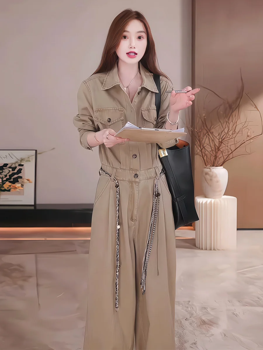 

Khaki Retro Lapel One-Piece Pants for Women Sli Waist-Cinching High-Waisted Long-Legged Faionable Workwear Pants