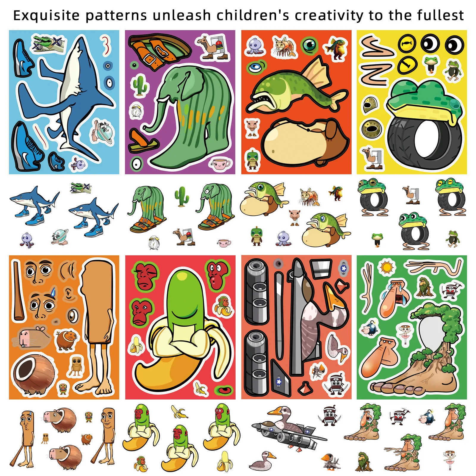 8Sheets Anime Tung Tung Tung Sahur Puzzle Stickers Make A Face Children Cartoon DIY Assemble Jigsaw Decals Kids Party Decor - view 2