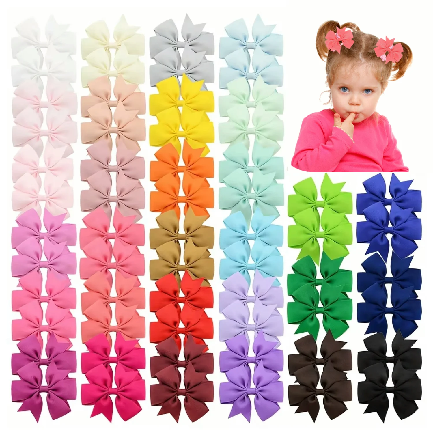 40pcs Boutique Grosgrain Ribbon Pinwheel Bows Hair Clip Sets for Girls&Toddler， Birthday Gifts/accessories，In Pair，color random