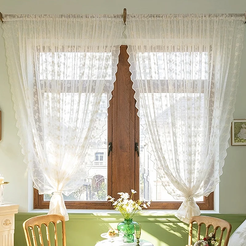 2PCS Lovely Short Voile Curtains for Living Room Window Embroidery Sheer Curtain in the Kitchen Ready-made Tulle Home Decoration