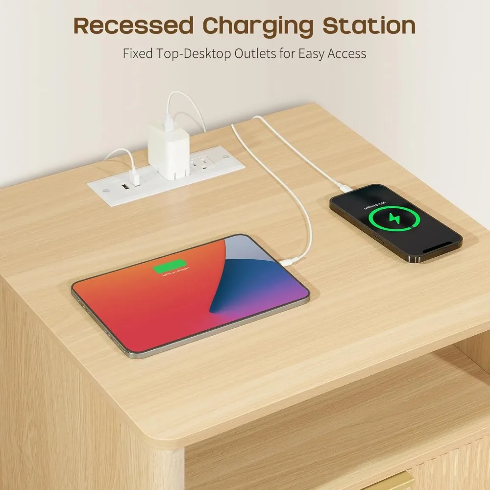 Contemporary Bedside Table with Charging Station and Storage Drawers