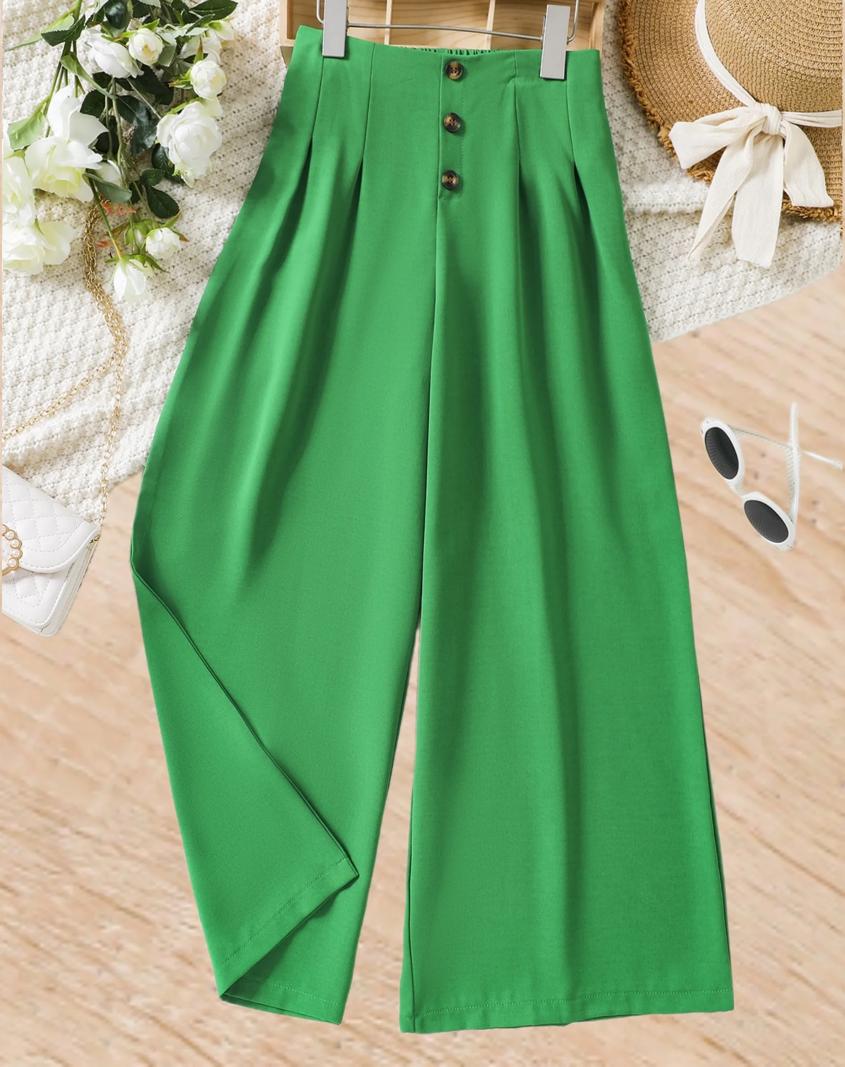 

Fashionable bright green high waist wide-leg pants - elegant button design, comfortable and loose fit