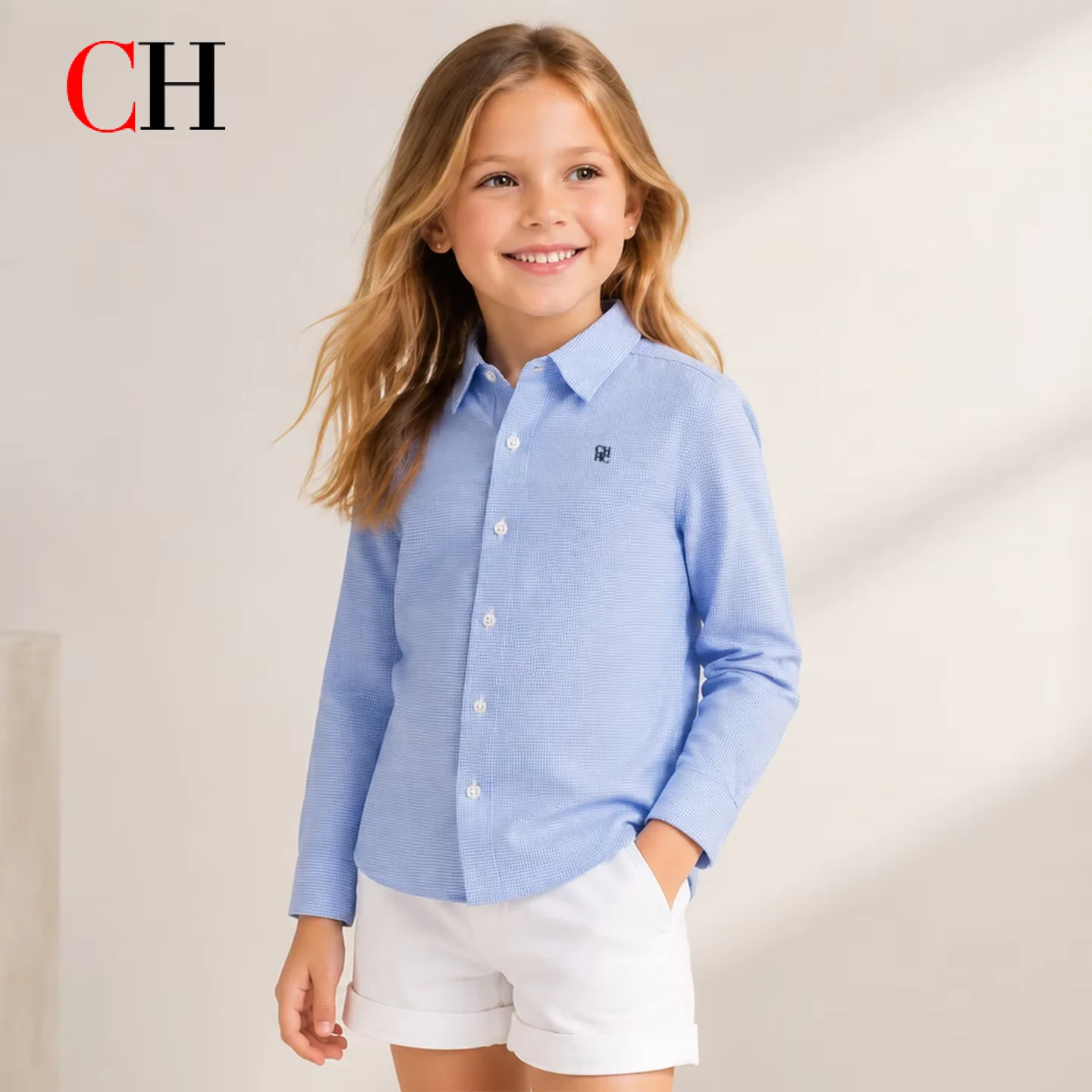 

CH Embroidered Long Sleeve Shirt Girls Point Collar Regular Fit Sporty Active Soft Cotton Casual Daily Tops