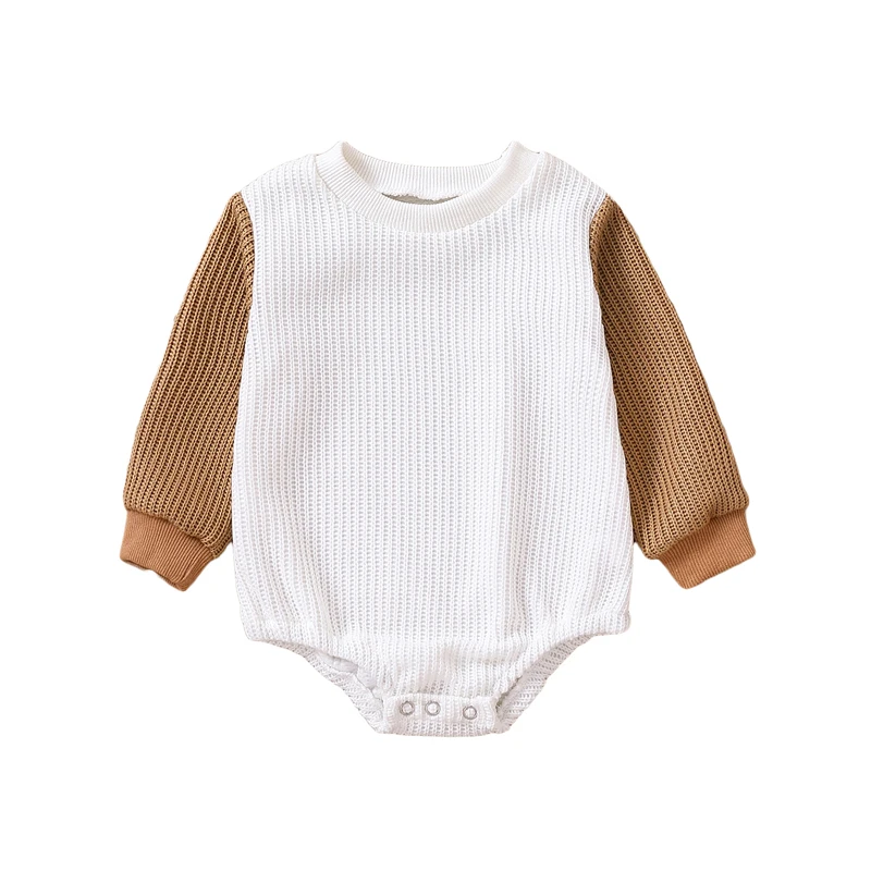 

Baby Knitting Bodysuit Spring Autumn Newborn Infant Contrast Color Long Sleeve Round Neck Snap Closure Jumpsuit 0-18 Months