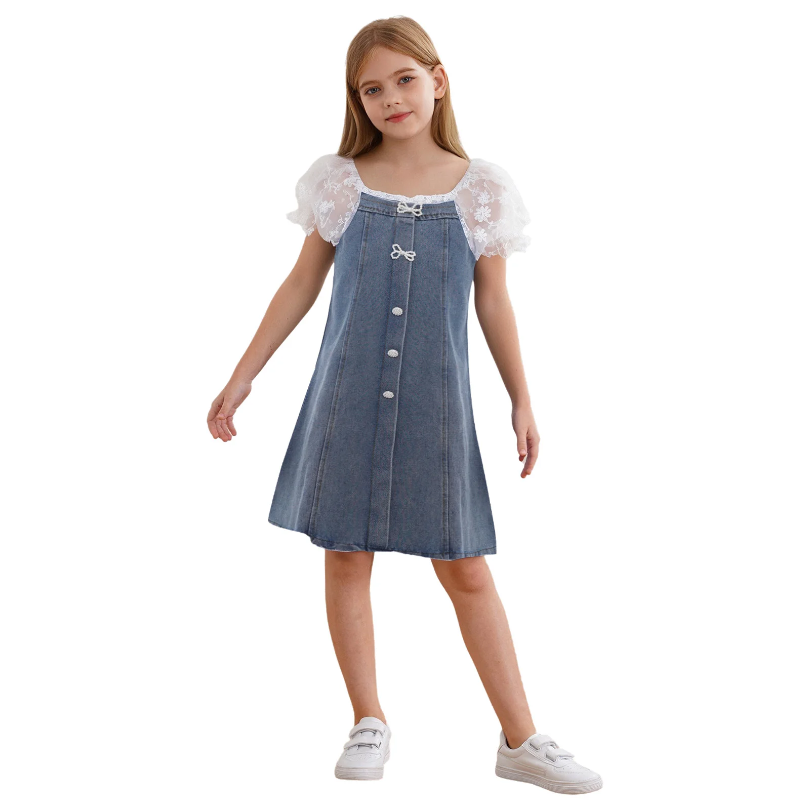 

Kids Girls Denim Dress Summer Square Neck White Lace Short Puff Sleeves Back Zipper A-Line Dresses for Wedding Birthday Party