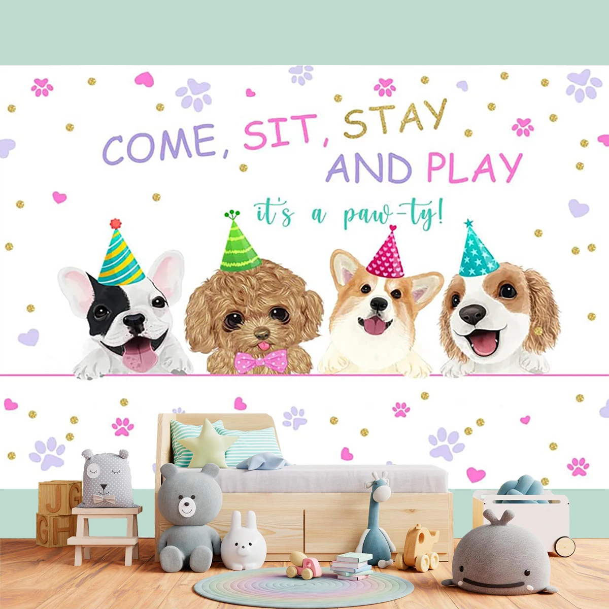 Puppy Happy Birthday Backdrop Let’s Paw-ty Dog Party Decorations Background Pets Cake Table Photography Copper Grommets Banner