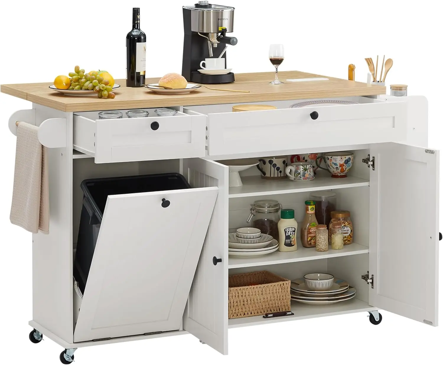 

60" Kitchen Island with Power Outlet & Drop Leaf, Kitchen Rolling Island with Spice Rack & Towel Rack, Knife Holder, Ki