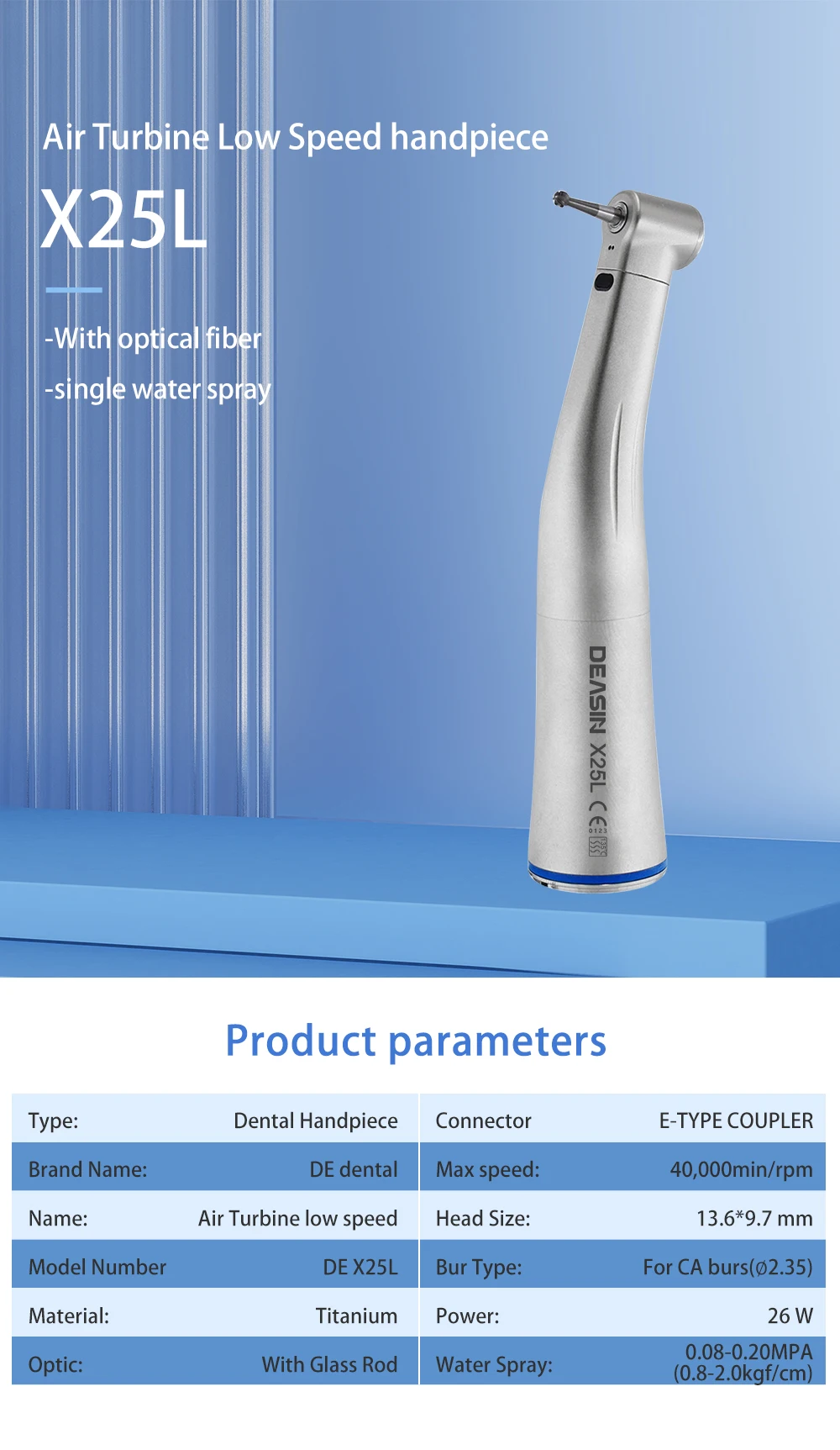 X25/X25L Dental 1:1 Winkelstück mit blauem Ring, niedriger Drehzahl, mit/ohne LED, Glasfaser-Luftturbinen-Dentalwerkzeuge – Detail 1