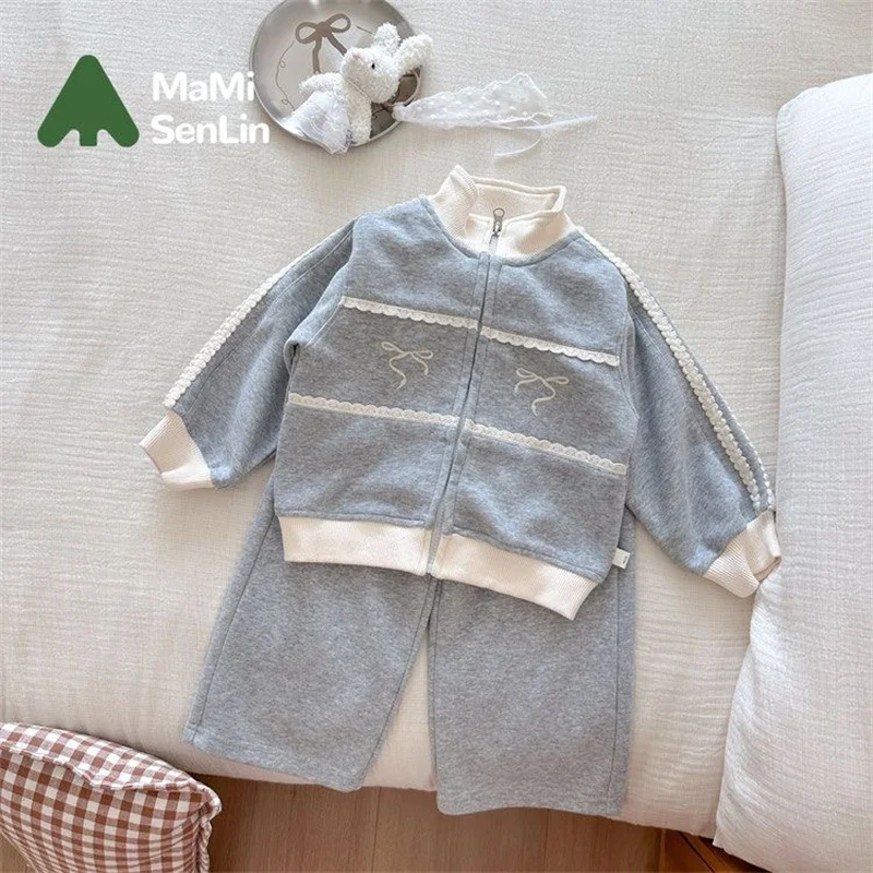 Spring Girls Sets Children Autumn Bow Fashion Suits Baby New Solid Colour Jackets+Pants Outfits Kids Casual Clothing 2-14Y