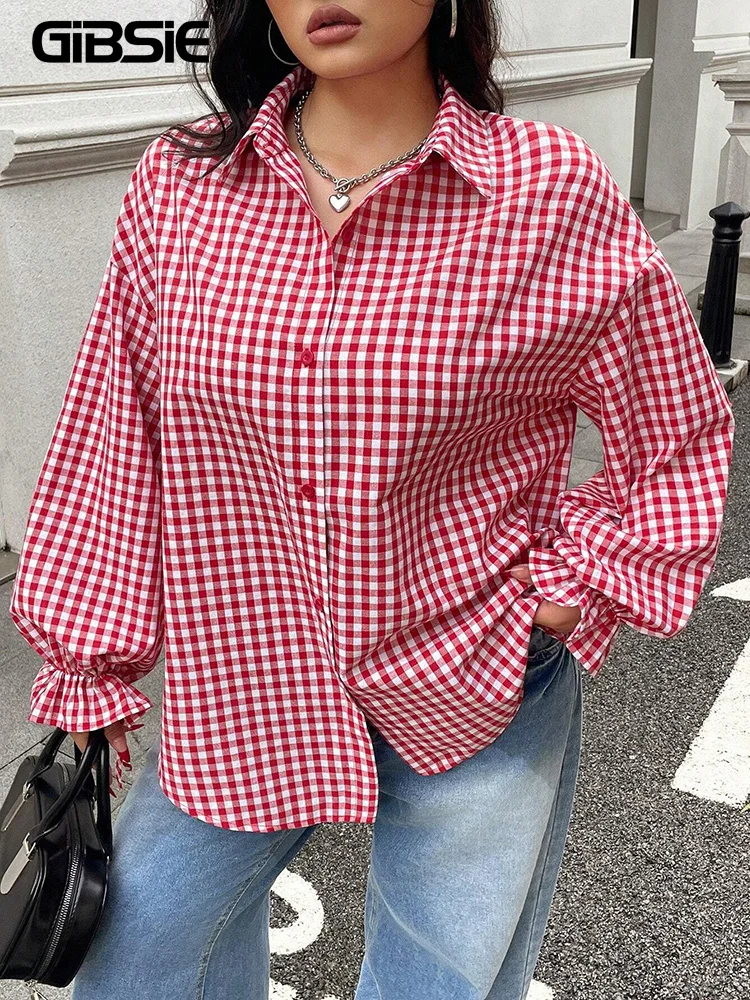 

GIBSIE Plus Size Red Turn-Down Collar Plaid Shirt Women 2025 Autumn Casual Long Sleeve Loose Button Down Blouses Tops