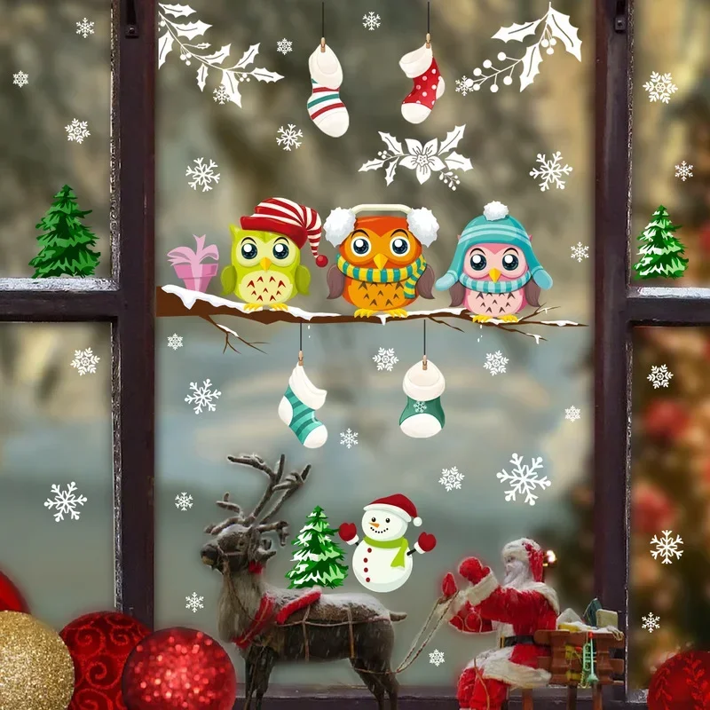 Electrostatic Glass Stickers Christmas Tree Branch Owl Snowflake Living Room Bedroom Window Decoration Wall Stickers