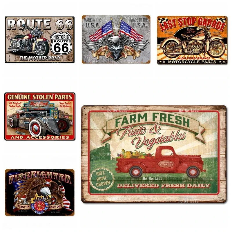 Route 66 The Mother Road World Class Fire Fighter Eagle Last Stop Garage Rat Rod Farm Fresh Delivery Metal Sign Wall Art