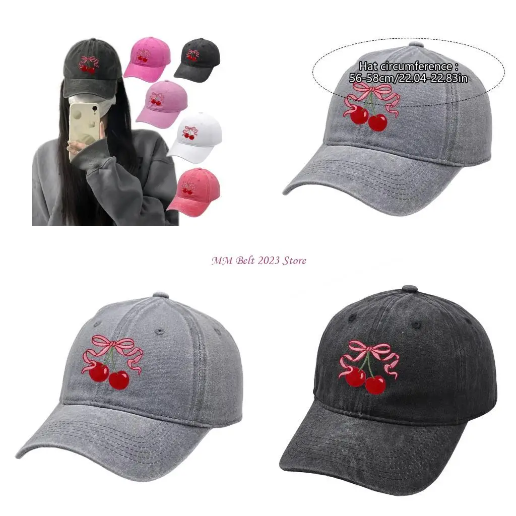 

49ME Cotton Baseball Caps with Cherry Bowknot Print Adjustable Truckers Hat For Women