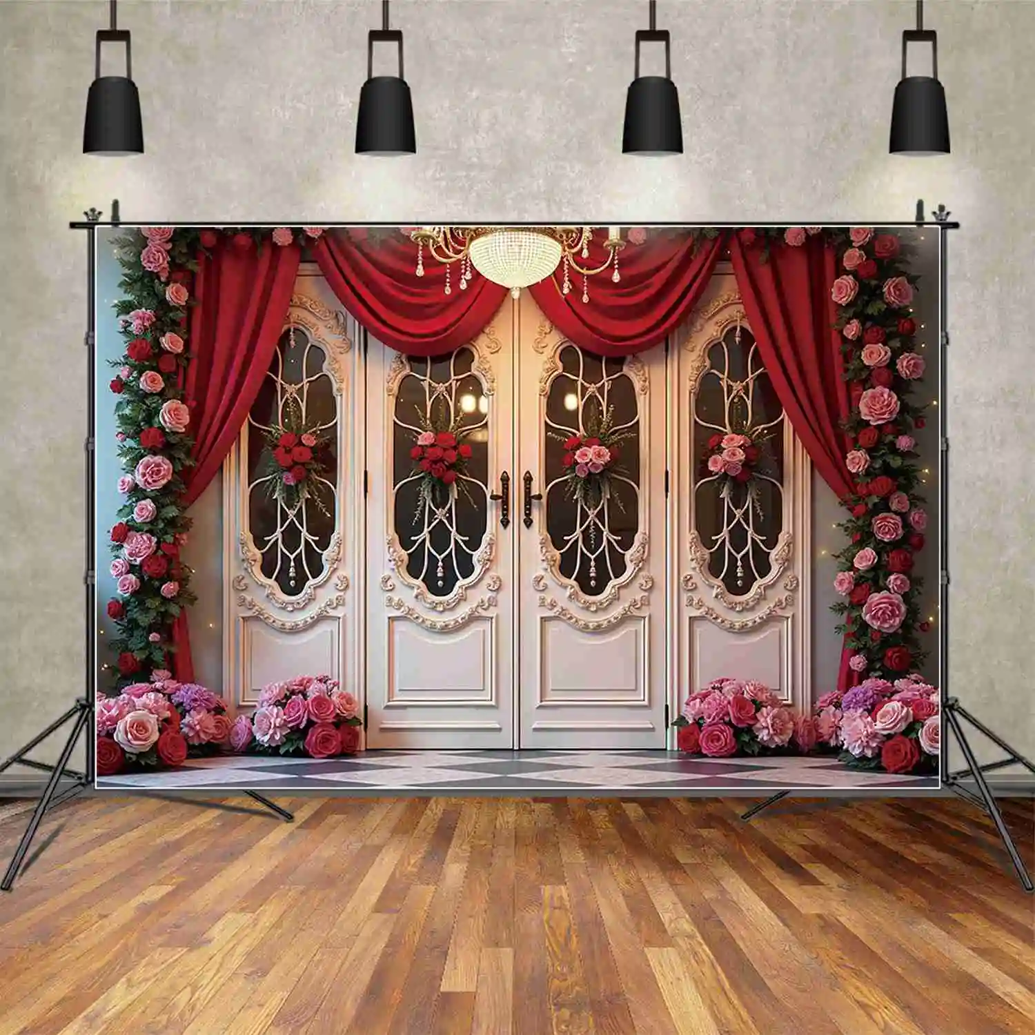 MOON.QG 14 فبراير عيد الحب خلفية التصوير تيدي بير القلب الوردي الستار فوتوزون خلفية زوجين استوديو الدعائم