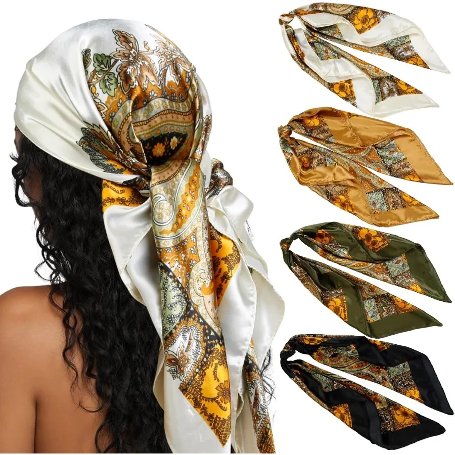 

Элегантные шелковые квадратные шарфы для женщин: универсальный головной убор для модных нарядов, идеально подходящий для весенней и летней укладки 35