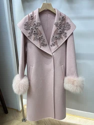 Women Ladies Natural Real Fox Fur Cuff Coat Cashmere Wool Woolen Winter Embroidery Jacket Outerwear