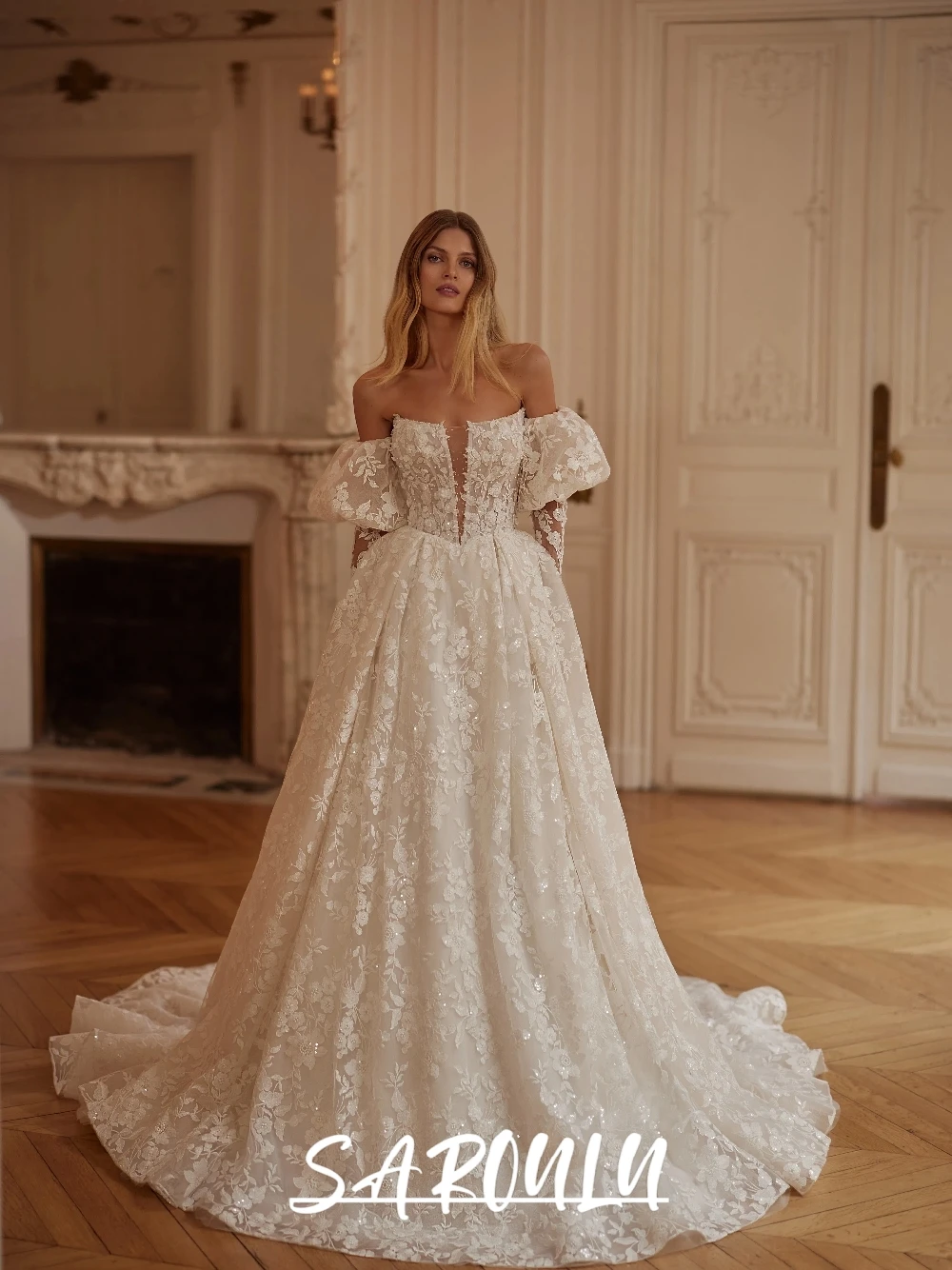 

Свадебное платье без бретелек с полной аппликацией, свадебное платье с пышными рукавами из благородного жемчуга, потрясающая блестящая стильная одежда для невесты по индивидуальному заказу