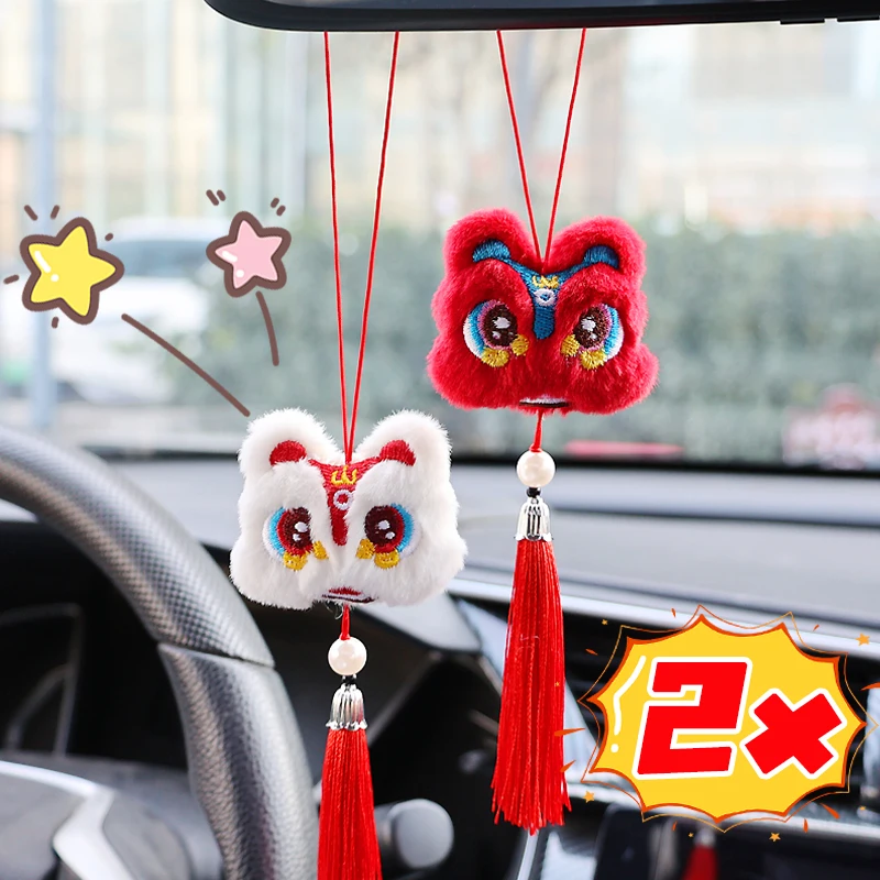 Chinese Style Car Pendant Plush Waking Lion Tassel Doll Auto Rearview Mirror Decoration Accessories New Year Celebration Charms