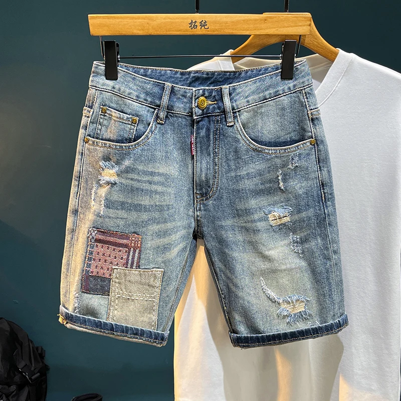 

TC3019 Summer denim shorts broken holes male tide elastic Slim embroidery patches high-end Chinese trousers