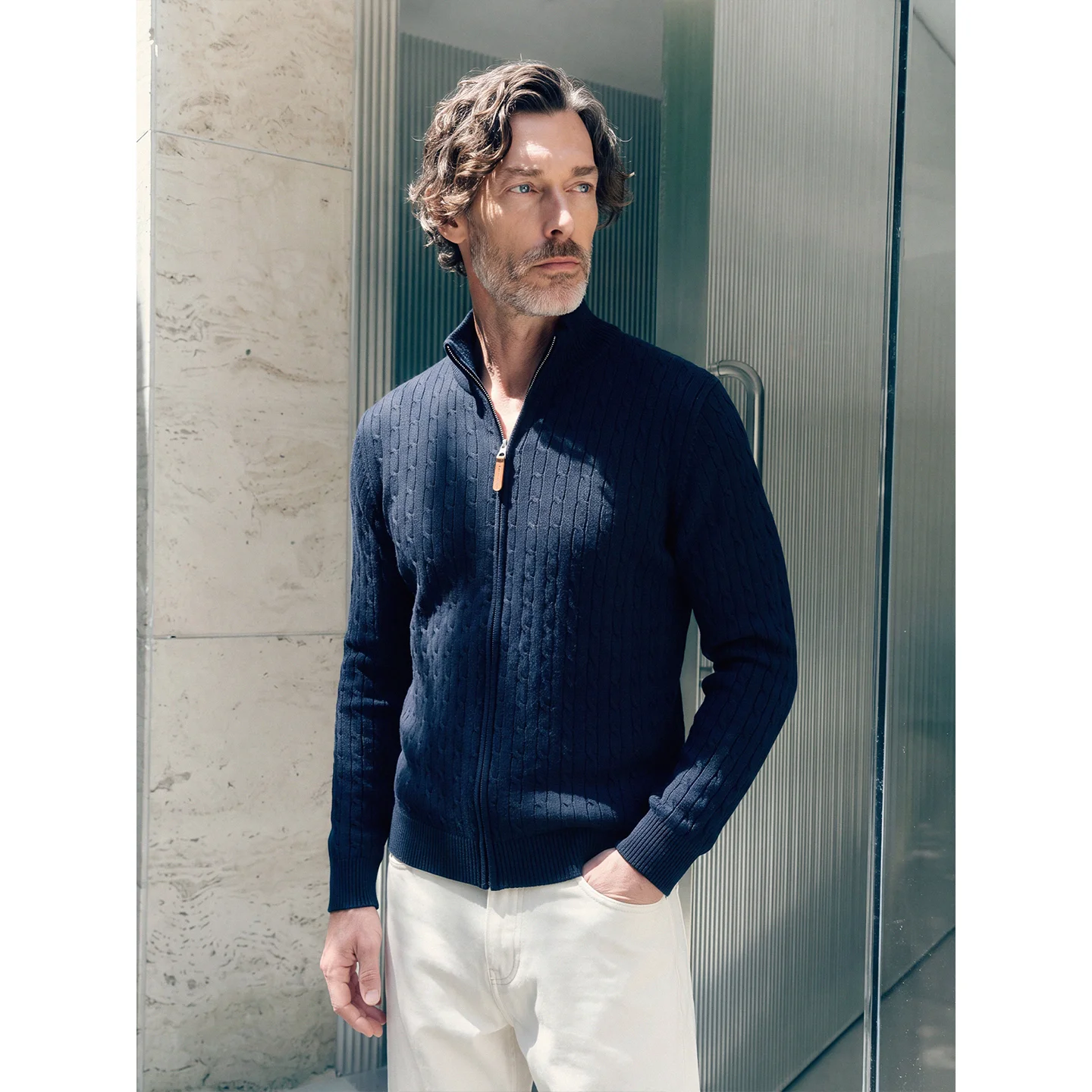 Early autumn old money wind twisted pattern stand collar zipper cashmere knit cardigan men's retro sweater coat