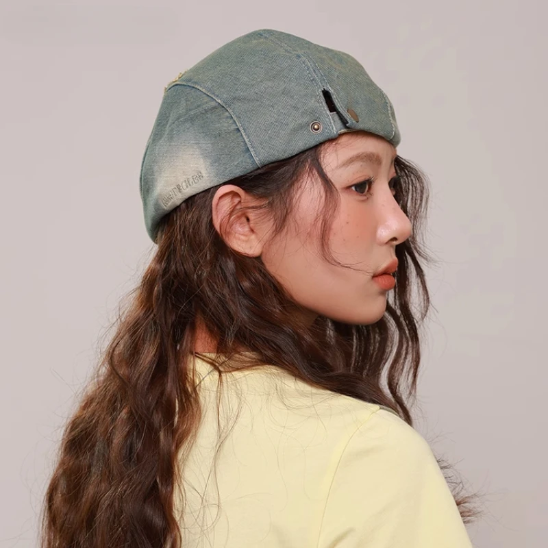 Vintage Hole Design Washed Denim Berets Cap for Women Spring and Summer Fashion Versatile Sunscreen Casual Yuppie Men's Hat