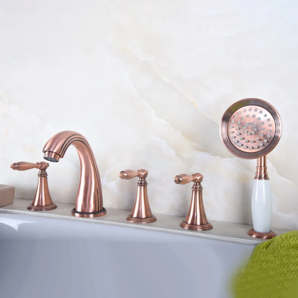 

Antique Red Copper Five Hole Deck Mount Bathroom Tub Faucet Set with Handheld Shower Spray Head Mixer Tap Dtf205
