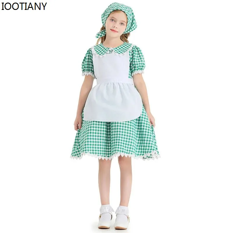 IOOTIANY Children Colonial Prairie Pioneer Girl Costume Dress Green Plaid Size 4-12T