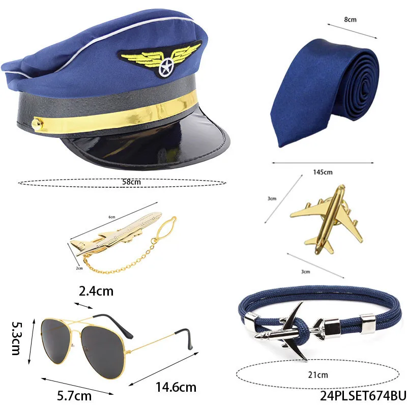 Pilot Captain Costume Accessorie including accessories such as hat solid color tie and white gloves 6-piece men's cosplay party