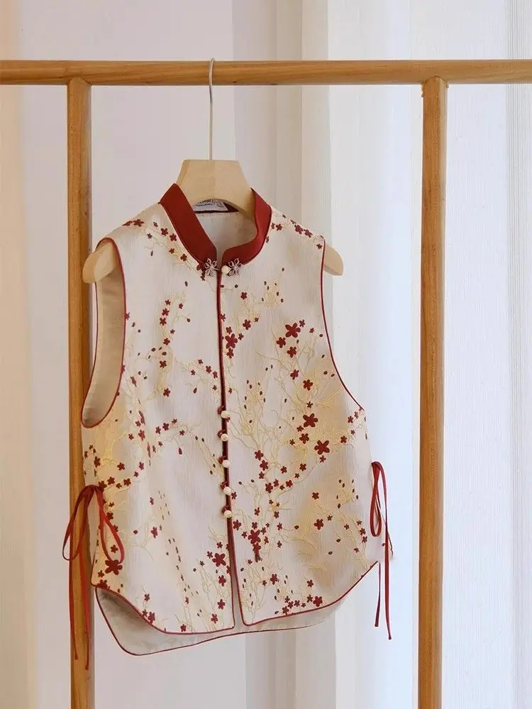 꽃 자수 조끼 여성 복고풍 중국 빈티지 민족 스타일 민소매 탑 오버 사이즈