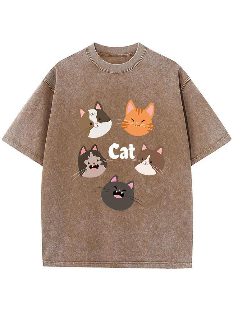 Kawaii Cats Funny Printing Female Washed T Shirt Summer Casual Cotton Tshirt Street Hip Hop Clothes Fashion Loose Distressed Tee