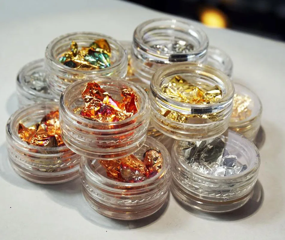 

12 Boxes Gold Silver Copper Nail Art Polish Glitter Foil Paillette Chip Stickers Decals FOIL FLAKES SET 12 Plastic Jars Flakes