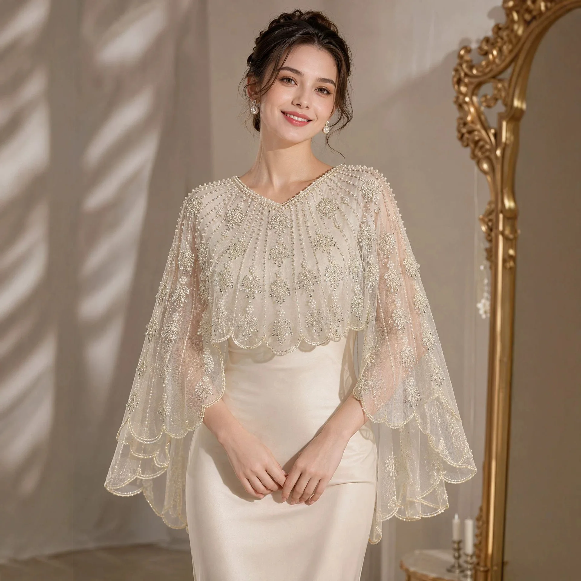 Shoulder Wrap Sequin Beaded Tulle Sun Protection Cloak Outer Wings Wedding Dress Lady's Ball Cover up Jacket