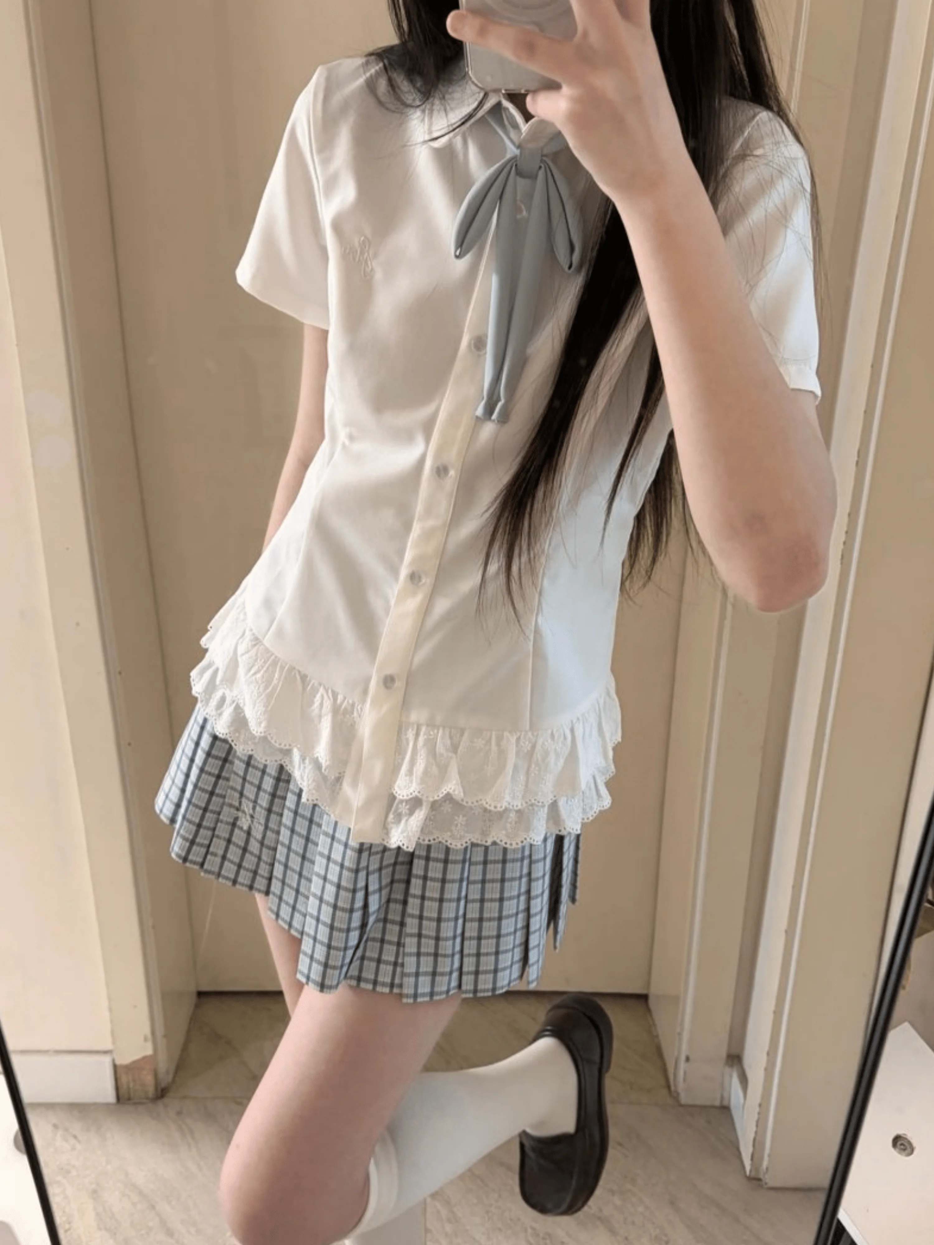 Elegant Short Sleeve Lace Shirt Layering Slimming Inner Wear Original Design  Knot Polka Dot Pattern Women's Fashion