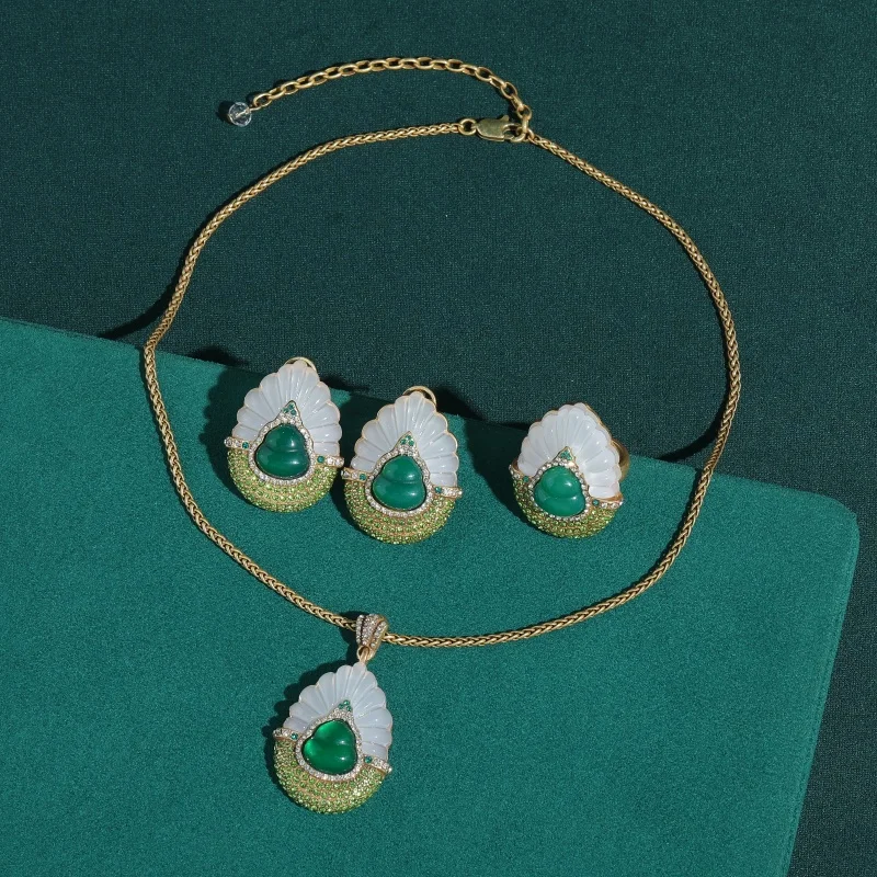 Vintage Green White Agate Gourd Rhinestone Pendant Jewelry Sets Luxury Trendy Necklace Earring Ring Brand Design Party Gift New