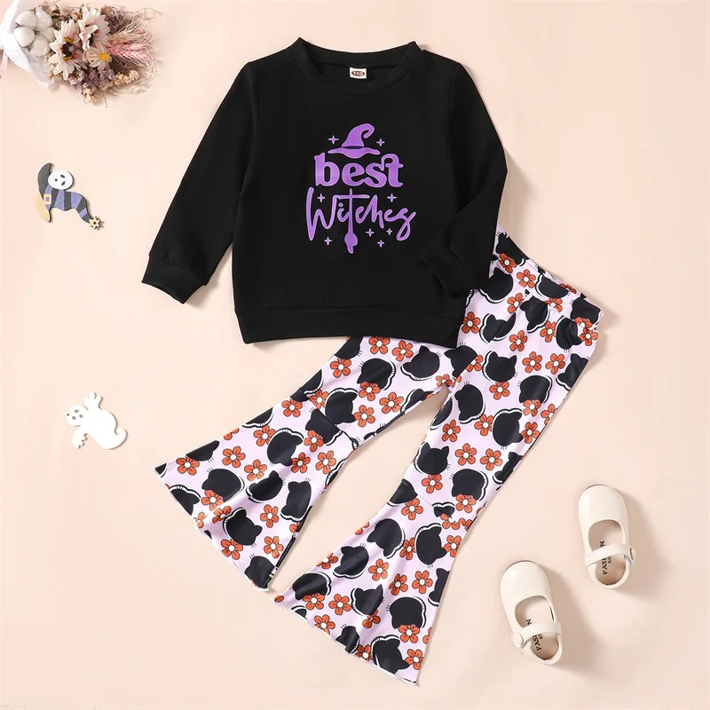 

Baby Girls Halloween 2PCS Outfit Orange Pumpkin Print Long Sleeve Top and Black Ruffle Pants Sets with Headband